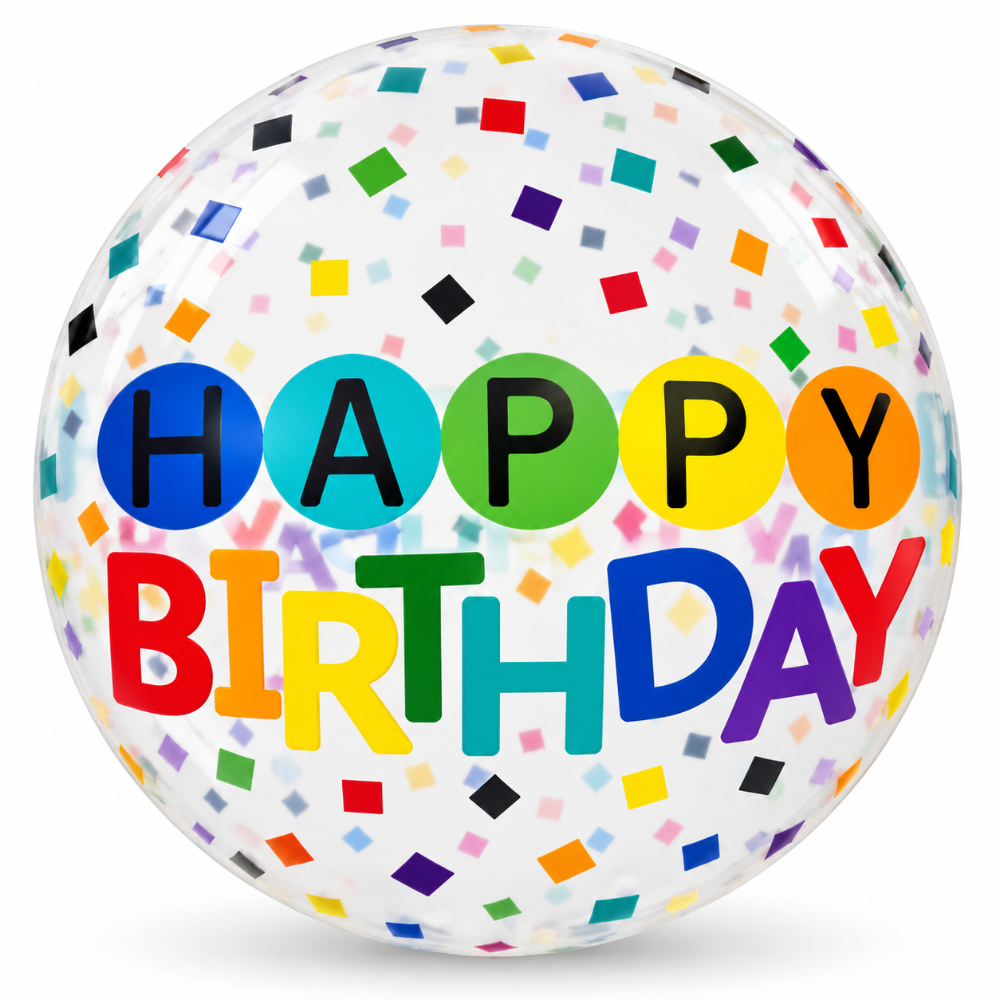 22" 4D Clear Happy Birthday Balloon - Confetti
