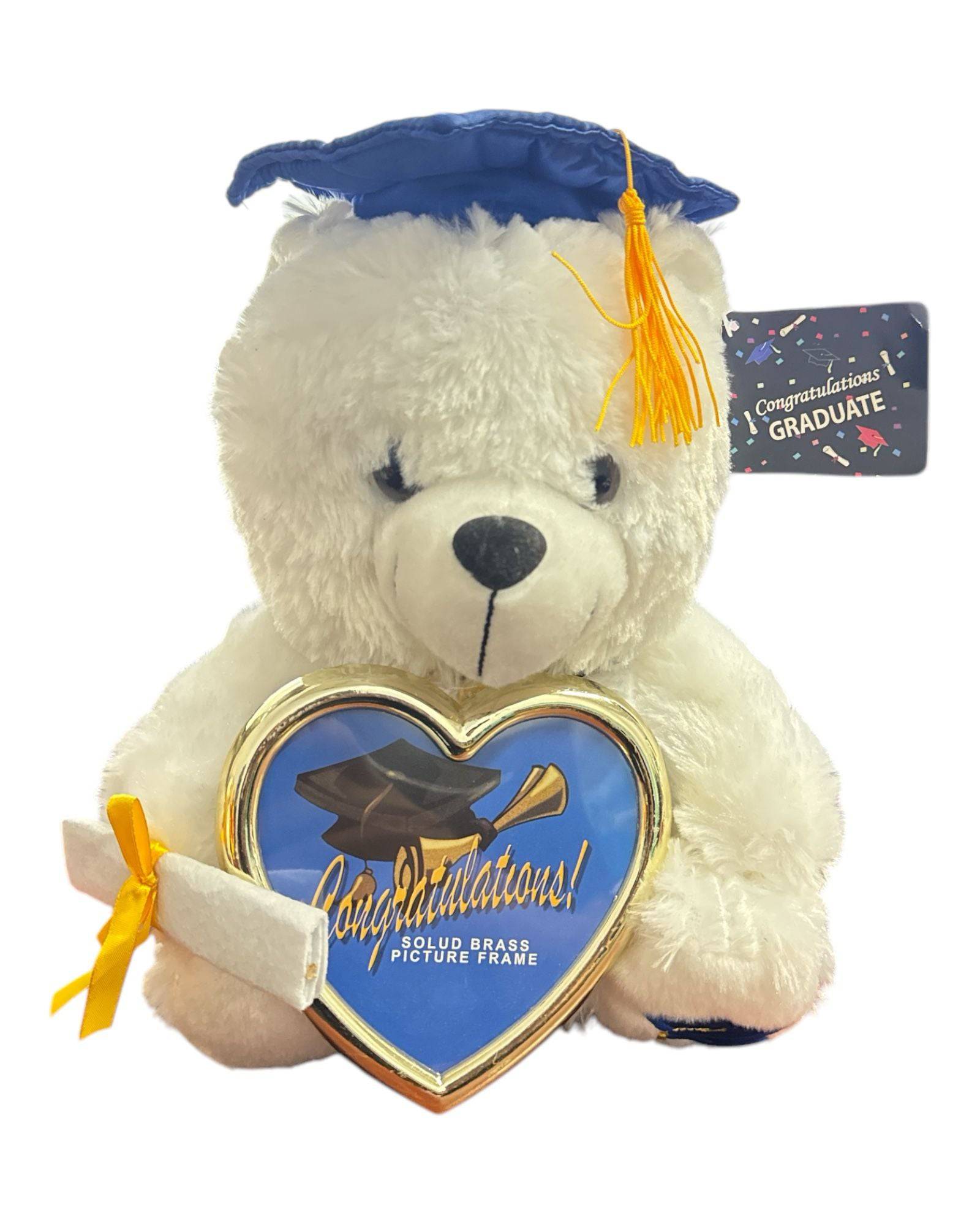 12" Congrats Grad! White Bear with Blue Cap Holding a Picture Frame Gold 1ct