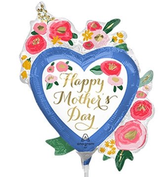 14" Happy Mothers Day Painted Floral Heart - Pack of 10 - Mini Shape Foil Balloon - Air Fill Only