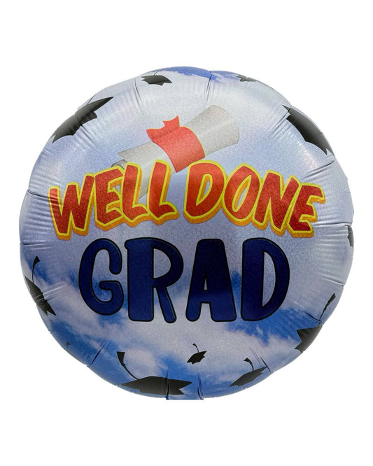 18" Holographic Well-Done Grad Blue with Black Cap - 50ct - Party America