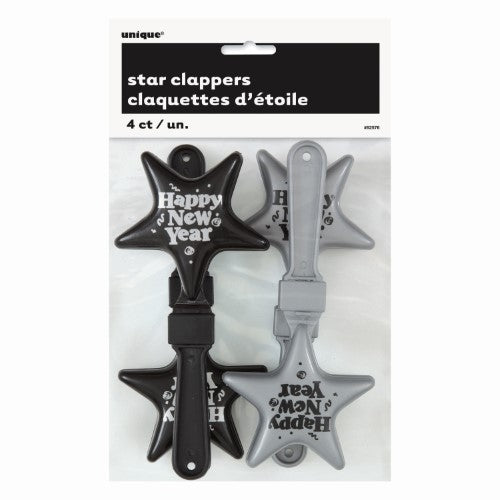 Aplaudidores de estrellas de 7" - Año Nuevo en negro y plata (paq. de 4) - Único