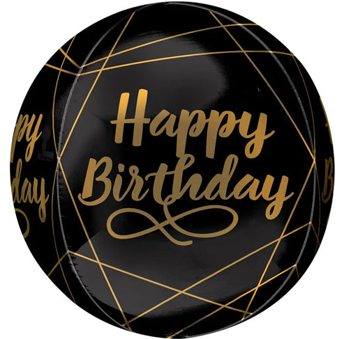 Anagram 16"  Elegant Happy Birthday Black  & Gold Orbz