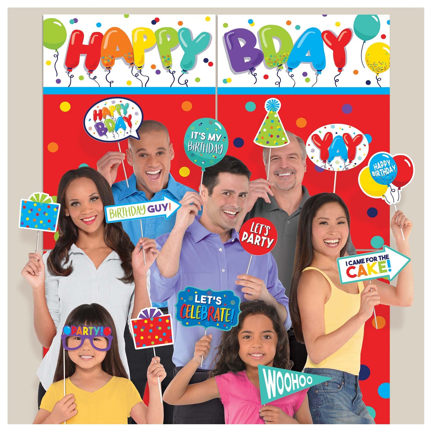 Happy Birthday Balloons Scene Setter with Photo Booth Props 23pc