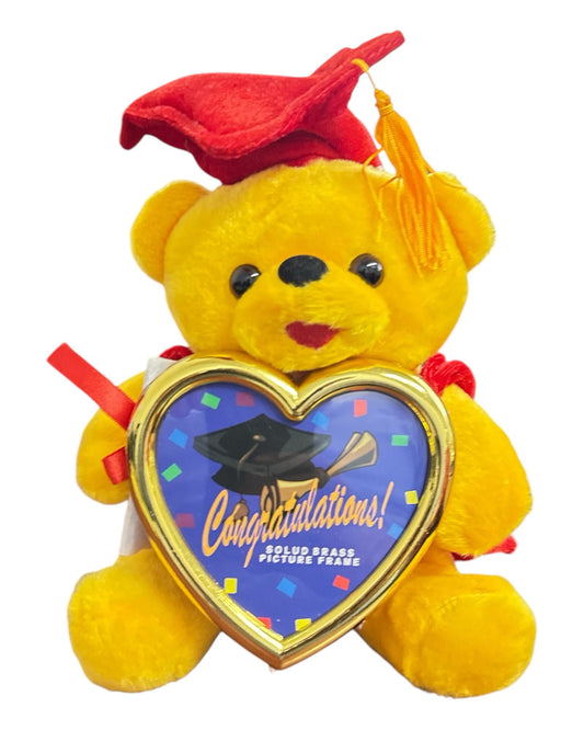 9" Congrats Grad! Yellow Teddy Bear with Red Cap Holding a Picture Frame Gold 1ct
