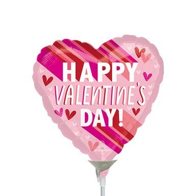 9" Happy Valentines Day Stripes on Stripes - Pack of 25 - Heart Shaped Foil Balloon - Air fill & Heat Seal