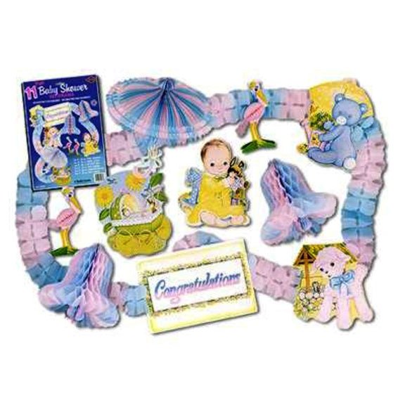 Baby Shower Decorama 11 piece - 2 - 9in stork centerpiece, 1 - 15in PLB parasol, 2 - 12in PLB Bell, 1 - 12in