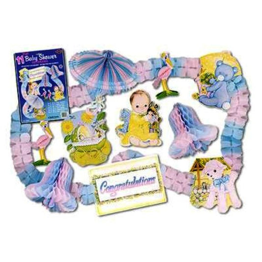 Baby Shower Decorama 11 piece - 2 - 9in stork centerpiece, 1 - 15in PLB parasol, 2 - 12in PLB Bell, 1 - 12in