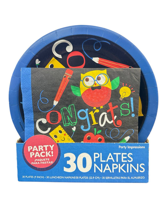 Elementary Graduation Party School Owl & Friends Round Plates & Napkins - Amscan