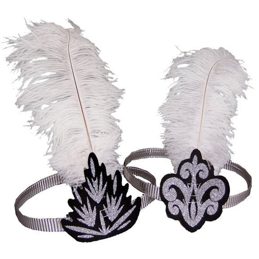 Flapper Headband - Black and Silver with White Feather