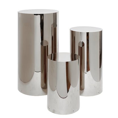 SILVER METAL CYLINDER PEDESTAL SET OF 3