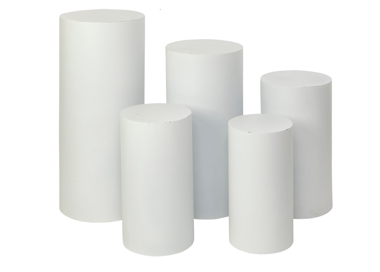 WHITE METAL CYLINDER PEDESTAL SET OF 5